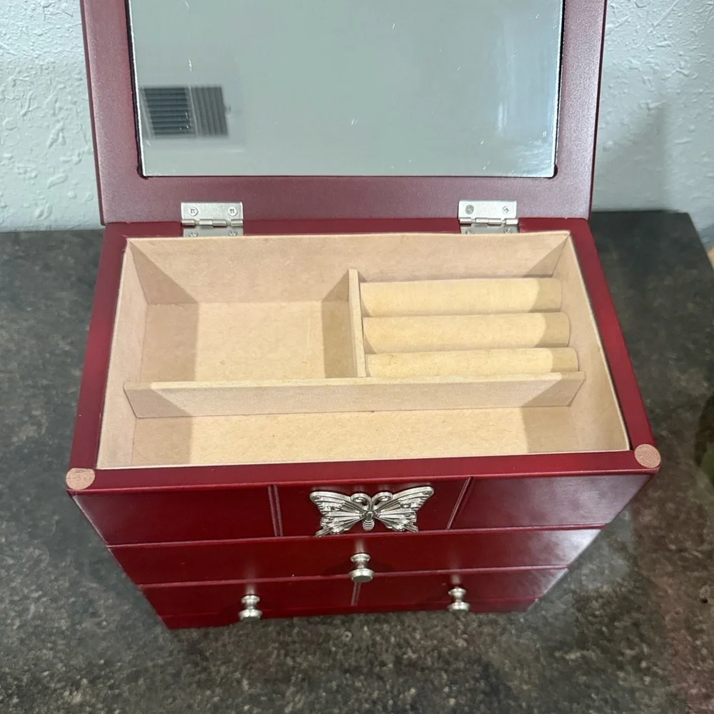 Vintage Red Jewelry Box with Butterfly Accent‎